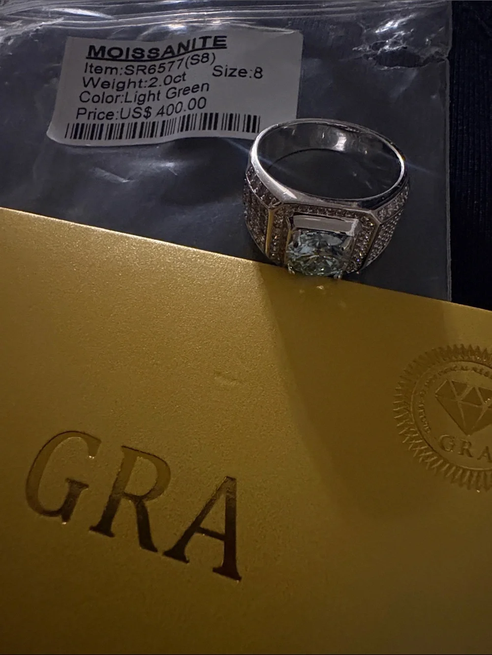 Moissanite Light Green/turquoise unisex Ring - Size 8